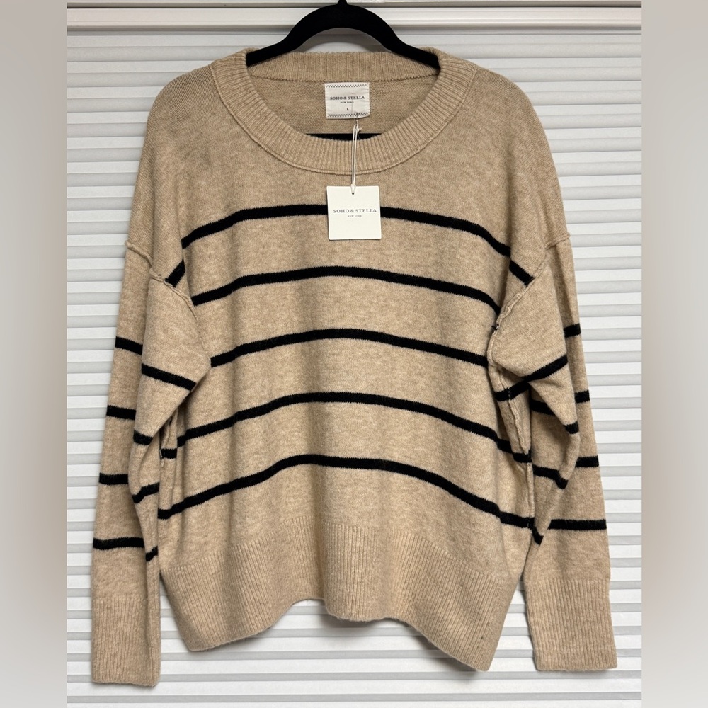 Women's Beige Striped Crew Neck Sweater
